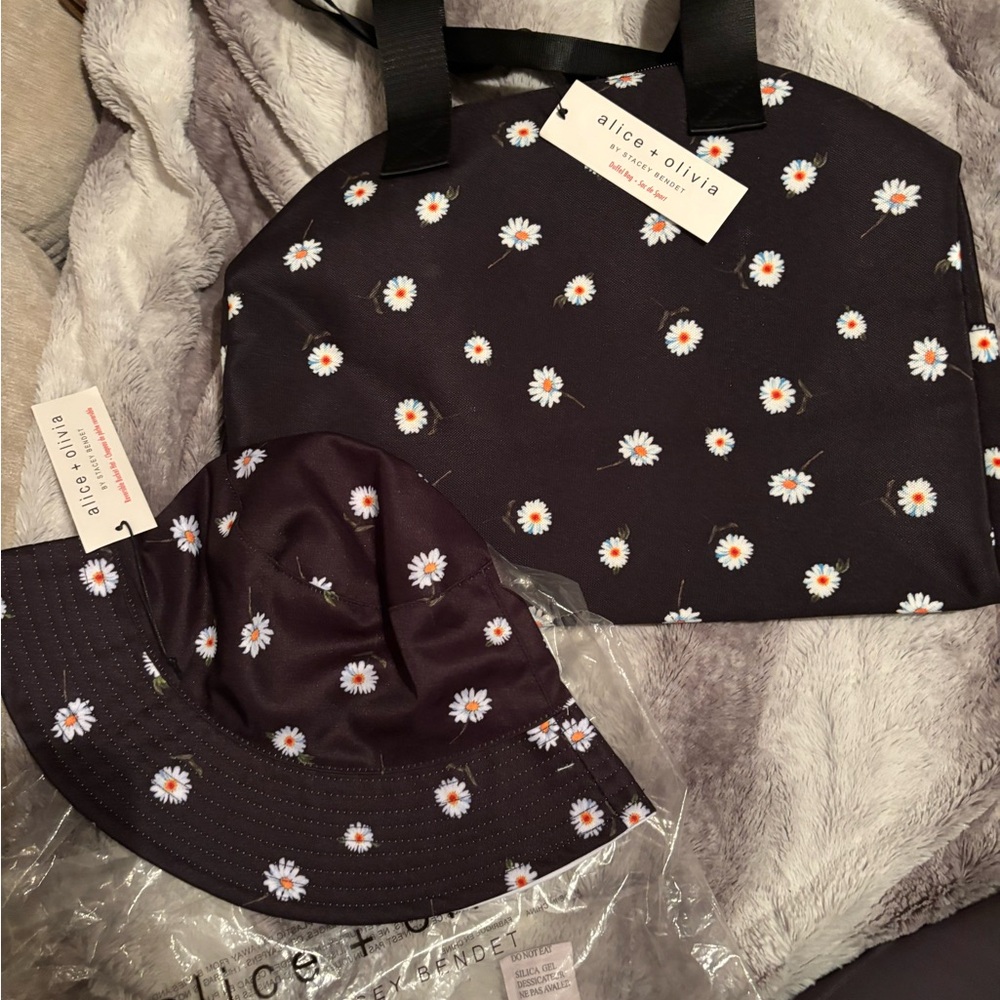 Alice + Olivia x Stacey Bendet Black Daisy duffle and bucket hat